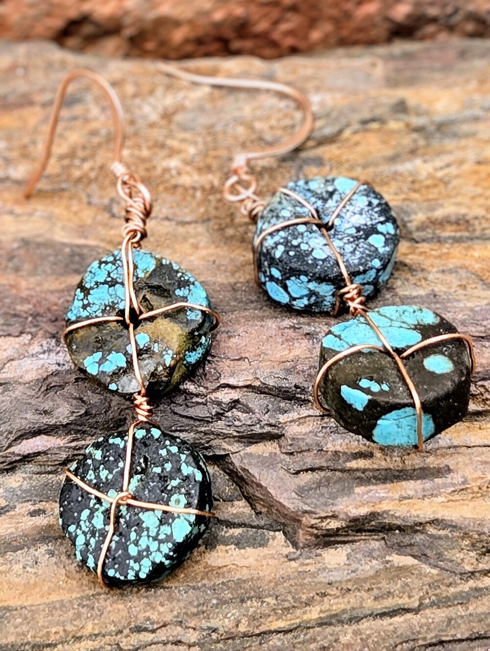 Natural Blue Green Turquoise Discs in Rustic Artisan-Made Earrings in Copper
